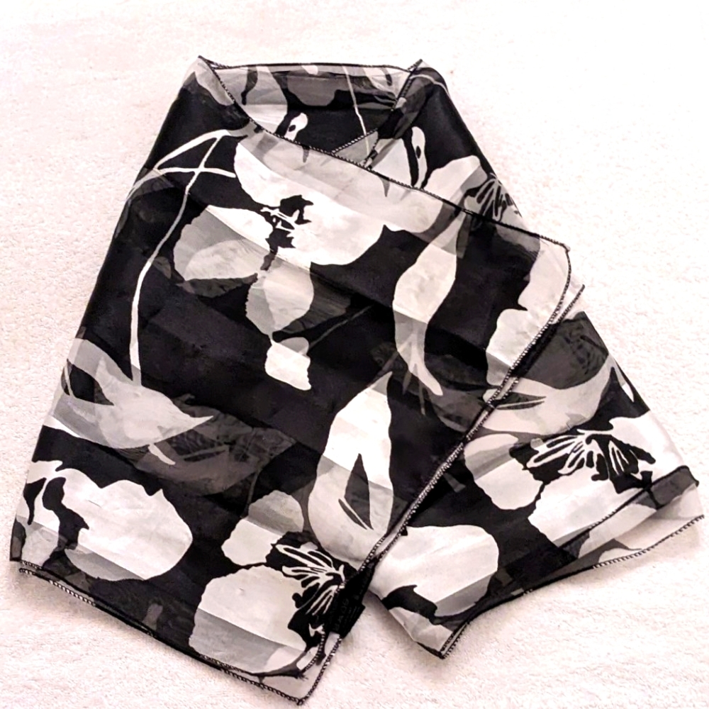 Fashion Scarf with Silky Look & Feel Floral Black & White, Long Style, 60" x 13"